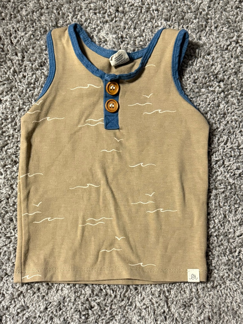 Kids Tan Tank Top with Blue Trim and Button Placket